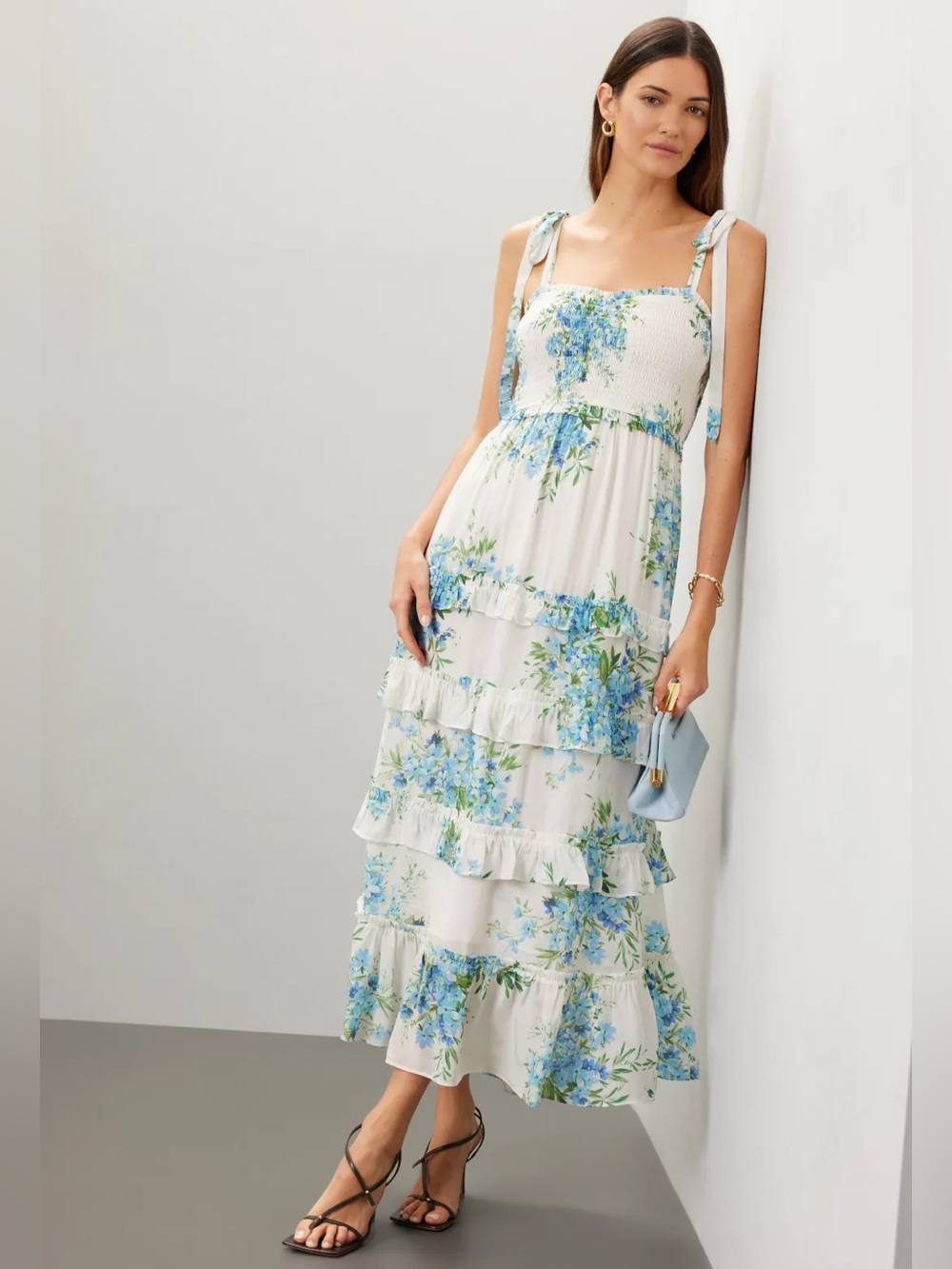 Yumi Kim Maxina Dress- blue and white floral tiered maxi dress